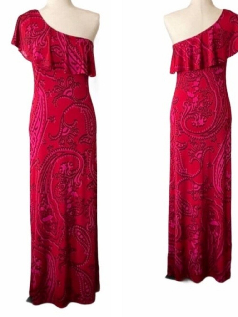 grass collection Women's Hot Pink And Red One-Shoulder Paisley Maxi Dress Summer